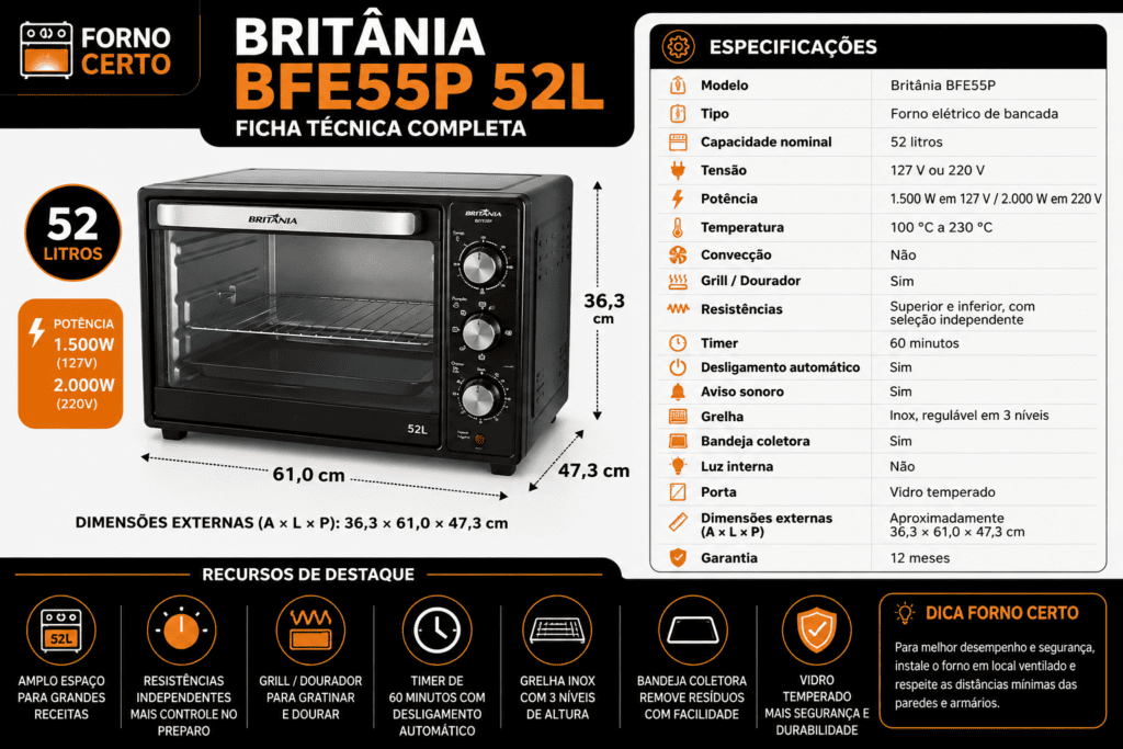 Ficha Técnica do Forno Britânia 52L apresentado as especificações do aparelho