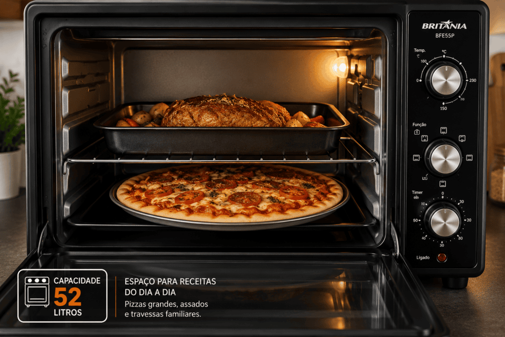 Interior do forno Britânia BFE55P 52 litros com assadeira e forma de pizza