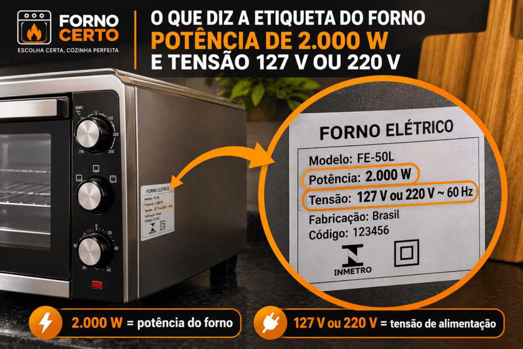Etiqueta de forno elétrico mostrando potência e tensão