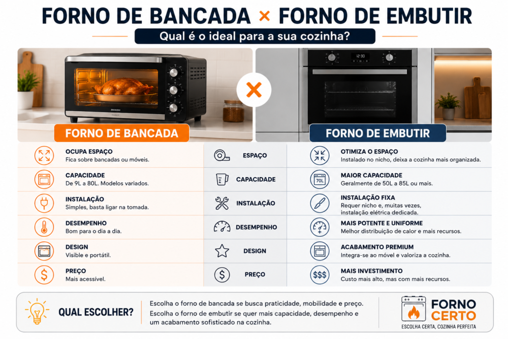 Posso colocar o forno no armário: Forno de bancada × Forno de embutir