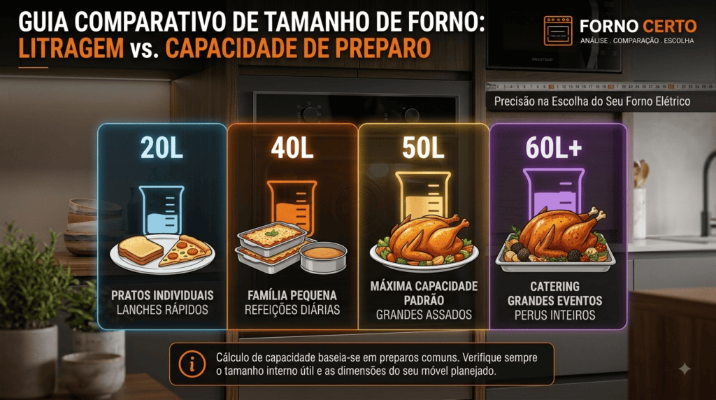 Infográfico comparativo de capacidade em litros para forno elétrico com indicação de receitas.