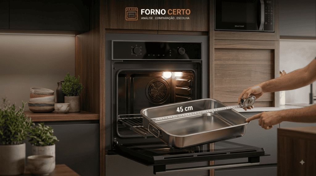 Medição de fôrma retangular com fita métrica na abertura interna de forno elétrico.