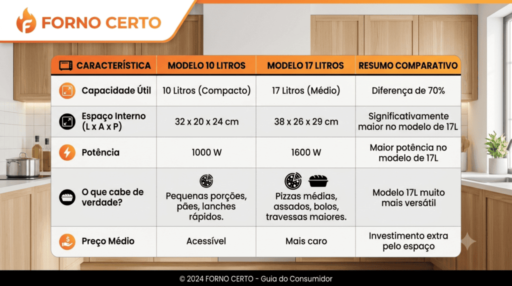 Forno de 10 Litros vs 17 Litros: Matriz de Decisão Rápida