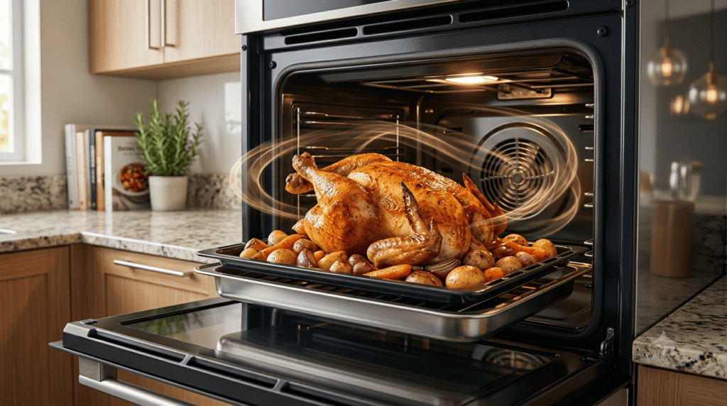 Frango assado com pele dourada preparado em forno elétrico equipado com convecção.