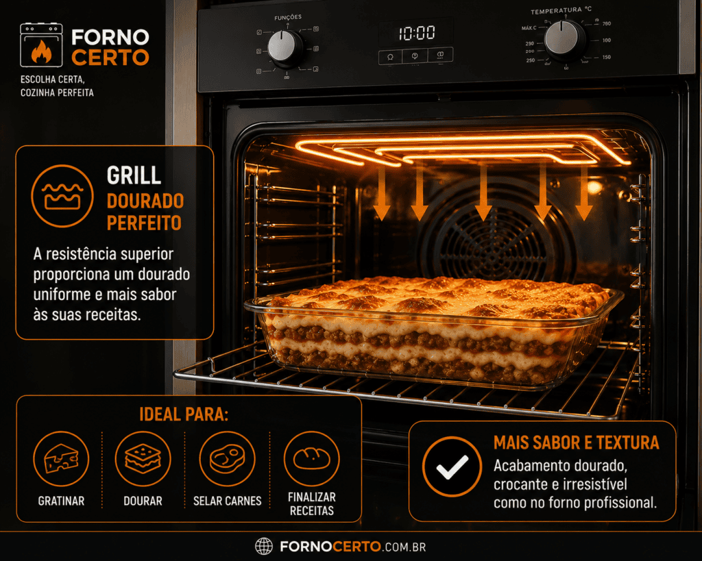 Alimento sendo gratinado pela resistência superior de forno elétrico