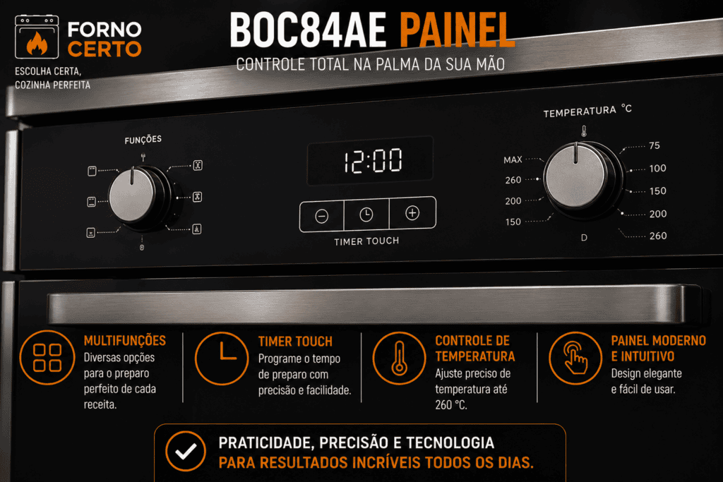 Painel frontal com controles e timer digital de forno de embutir