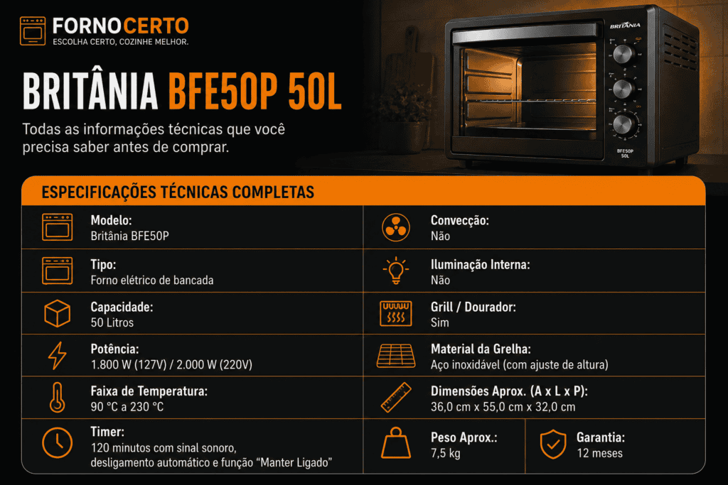 Britânia BFE50P 50L Especificações Técnicas Completas