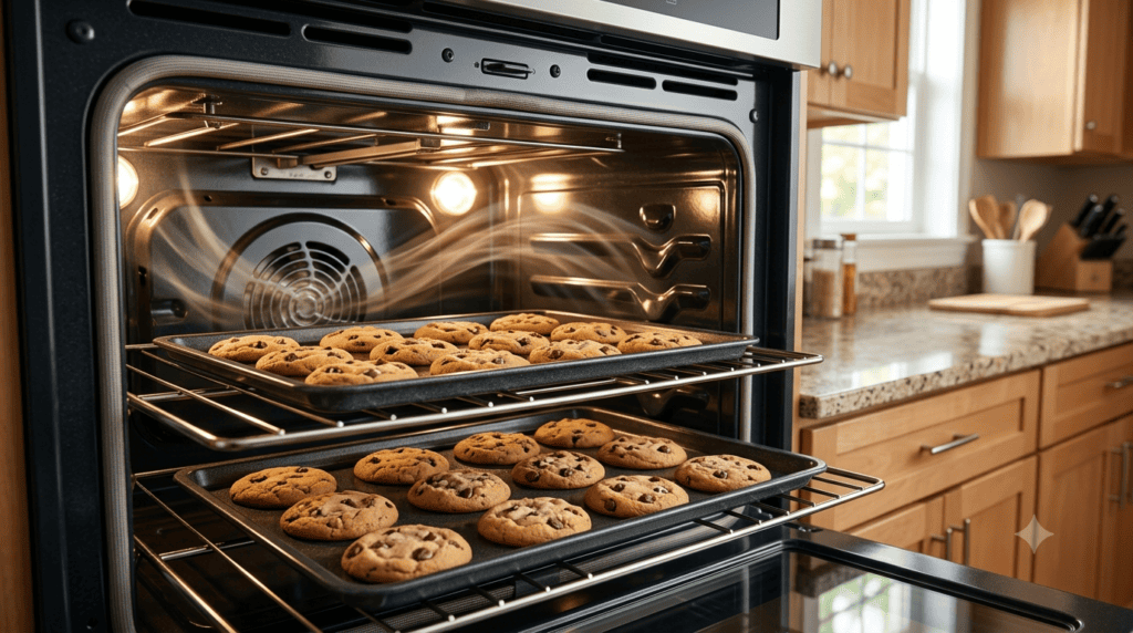 Duas grades de biscoitos assando simultaneamente com resultado uniforme em forno elétrico com convecção,  demonstrando a vantagem de usar um forno elétrico com convecção.