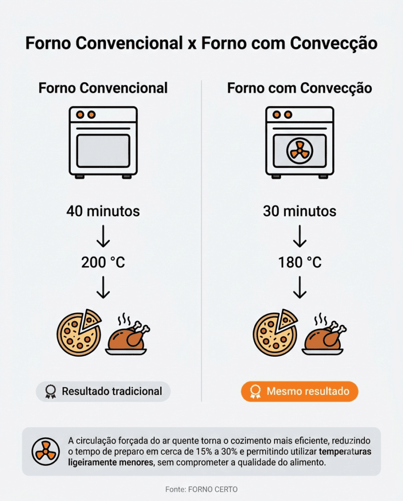 Comparação entre tempo de preparo e temperatura utilizados por fornos convencionais e modelos com convecção.