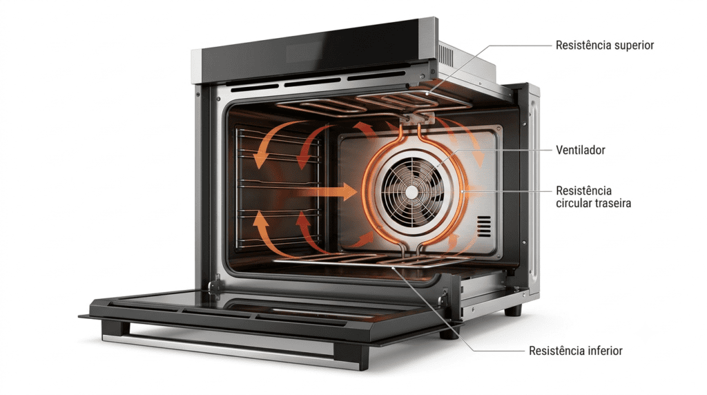 Esquema técnico mostrando os principais componentes internos de um forno elétrico com convecção, apontando porque um forno elétrico com convecção vale a pena.