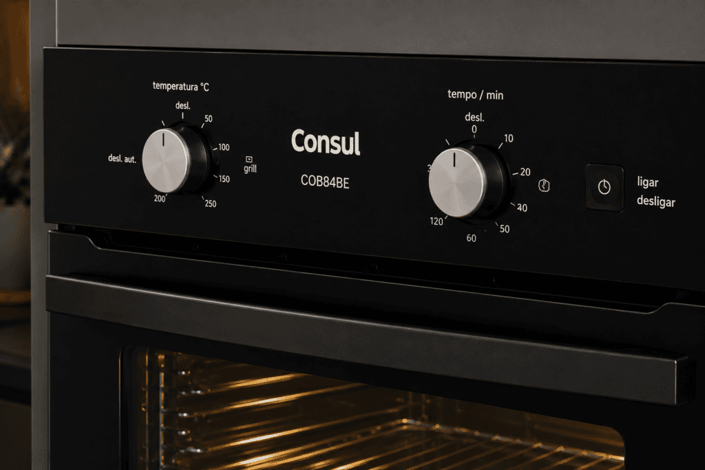 Painel mecânico do forno elétrico Consul  84 L COB84BE com controle de temperatura e timer.
