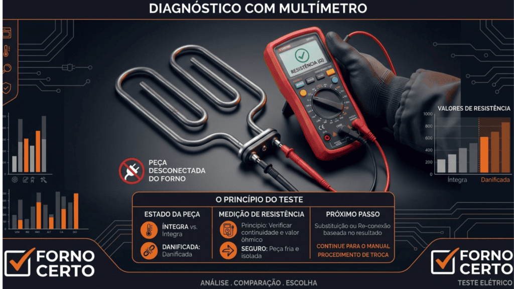 Teste de resistência elétrica de elemento de forno com multímetro