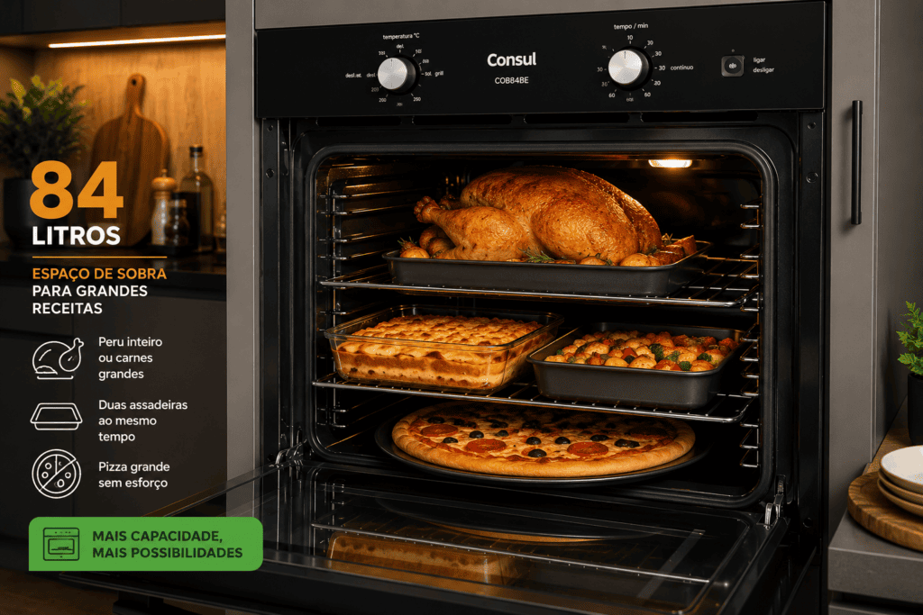 Forno Elétrico Consul 84L é Bom? Interior do Forno Elétrico Consul COB84BE acomodando grandes assadeiras e um peru inteiro.