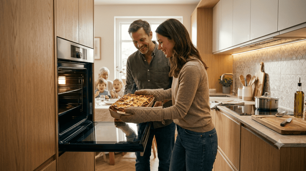 Família feliz concluindo que um forno elétrico com convecção vale a pena para preparar uma refeição em casa.
