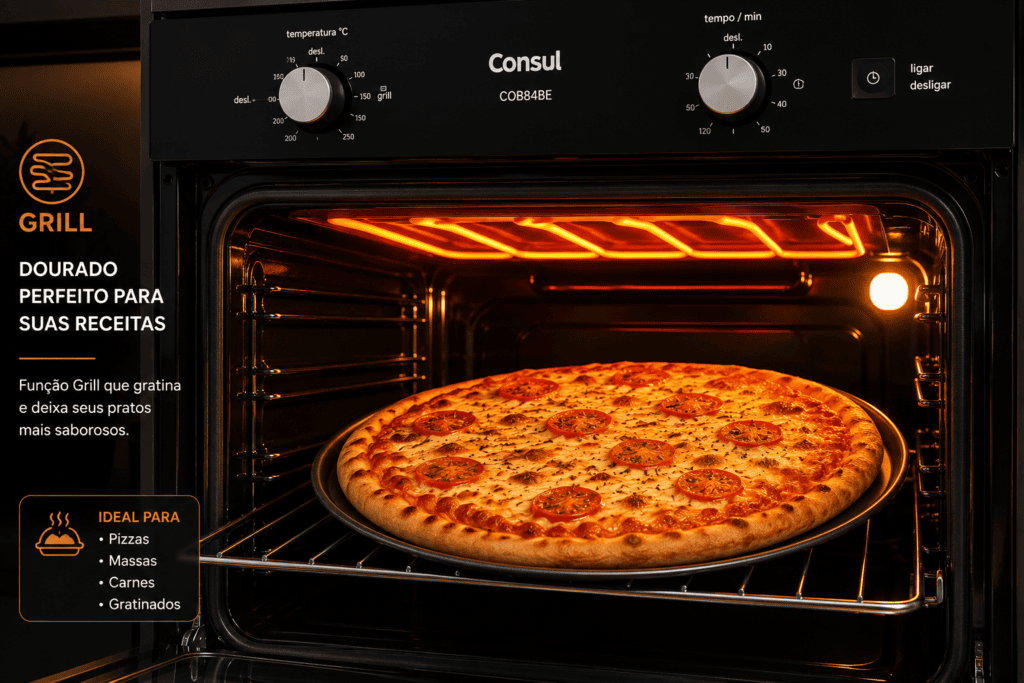 Forno Elétrico Consul 84L é Bom? Função Grill do forno elétrico Consul 84L COB84BE dourando uma pizza.