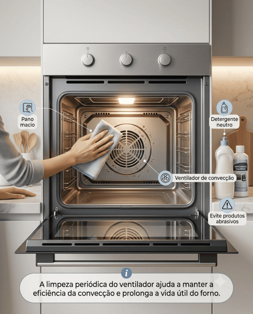 Limpeza da região do ventilador interno de um forno elétrico com convecção.