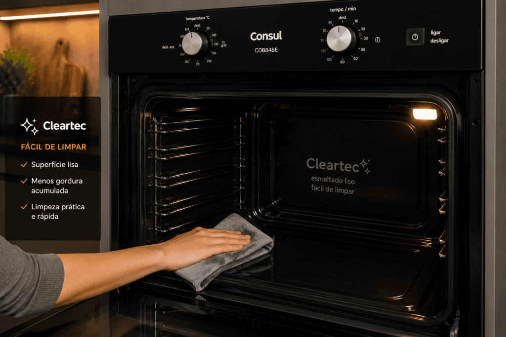 Limpeza do revestimento esmaltado Cleartec no interior do Forno Elétrico Consul 84L COB84BE