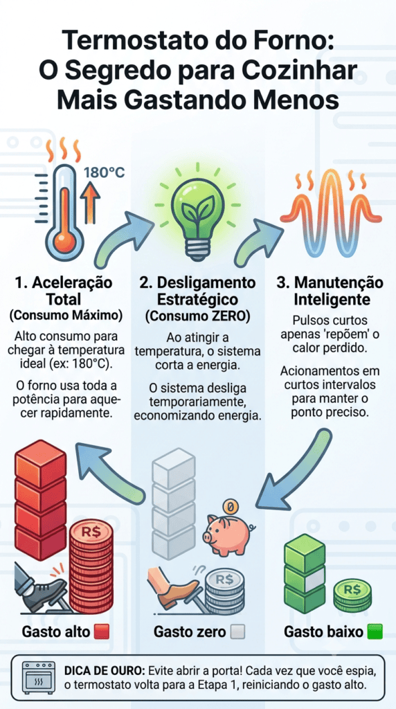 Como Economizar Energia Usando o Forno Elétrico: Início do Ciclo (Aquecimento); Temperatura Atingida (Pausa); Manutenção Térmica (Ajuste Fino).