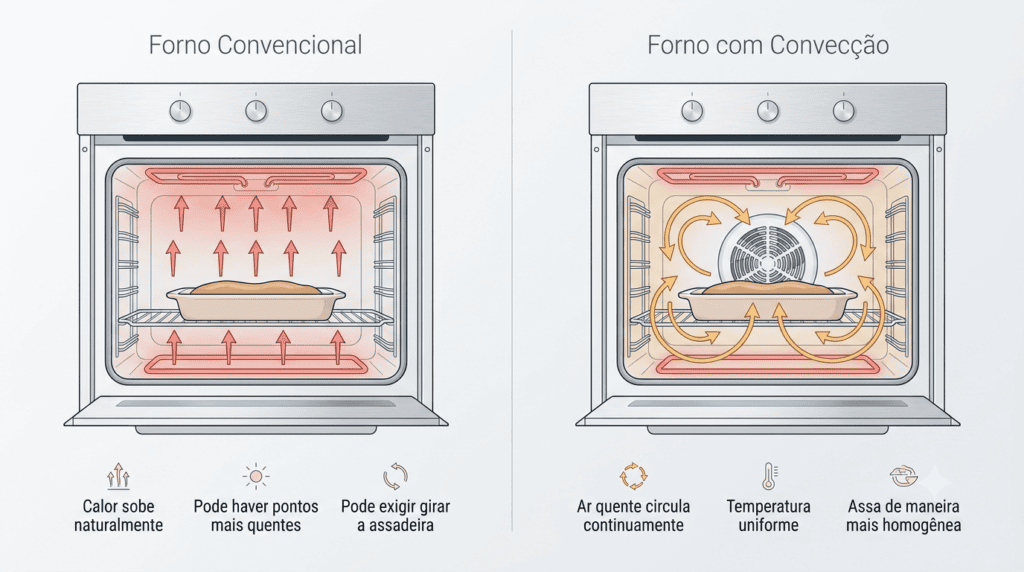 Comparação entre a distribuição natural do calor em um forno convencional e a circulação de ar em um forno com convecção, demonstrando que um forno elétrico com convecção vale a pena.