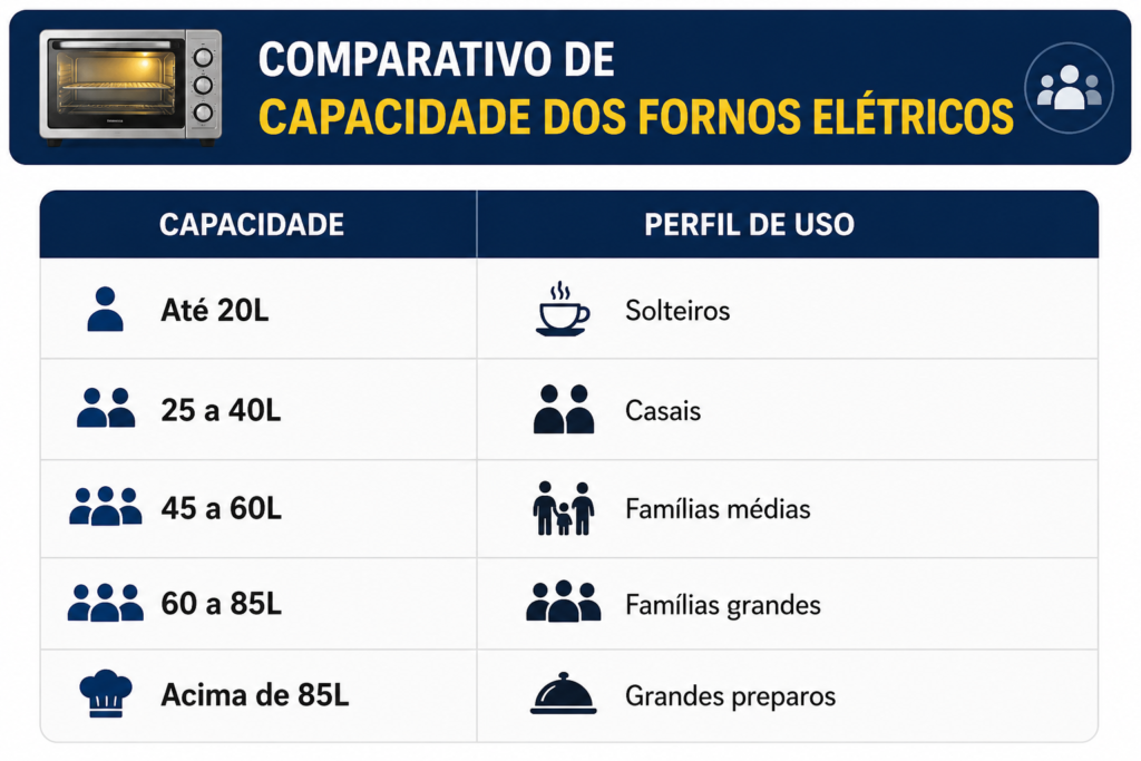 Os 09 Melhores Fornos Elétricos de 2026: tabela comparando capacidades de fornos elétricos, desde modelos de até 20 litros para solteiros até aparelhos acima de 85 litros indicados para grandes preparos.