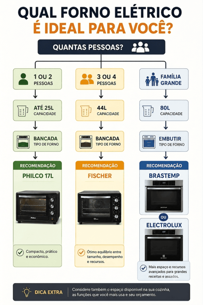 Infográfico com fluxograma de decisão para escolha do forno ideal apresentando os melhores fornos elétricos para cada situação