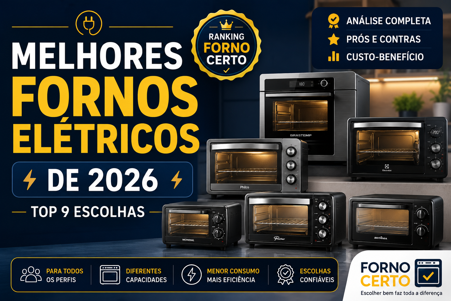 Comparação visual entre diferentes modelos de fornos elétricos de bancada e embutir organizados em ranking de desempenho, capacidade e custo-benefício para compra em 2026.