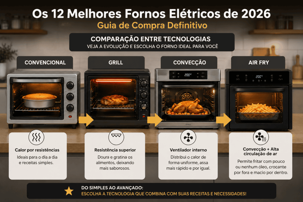 Infográfico apresentando comparação entre as tecnologias para facilitar a escolha entre os melhores fornos elétricos