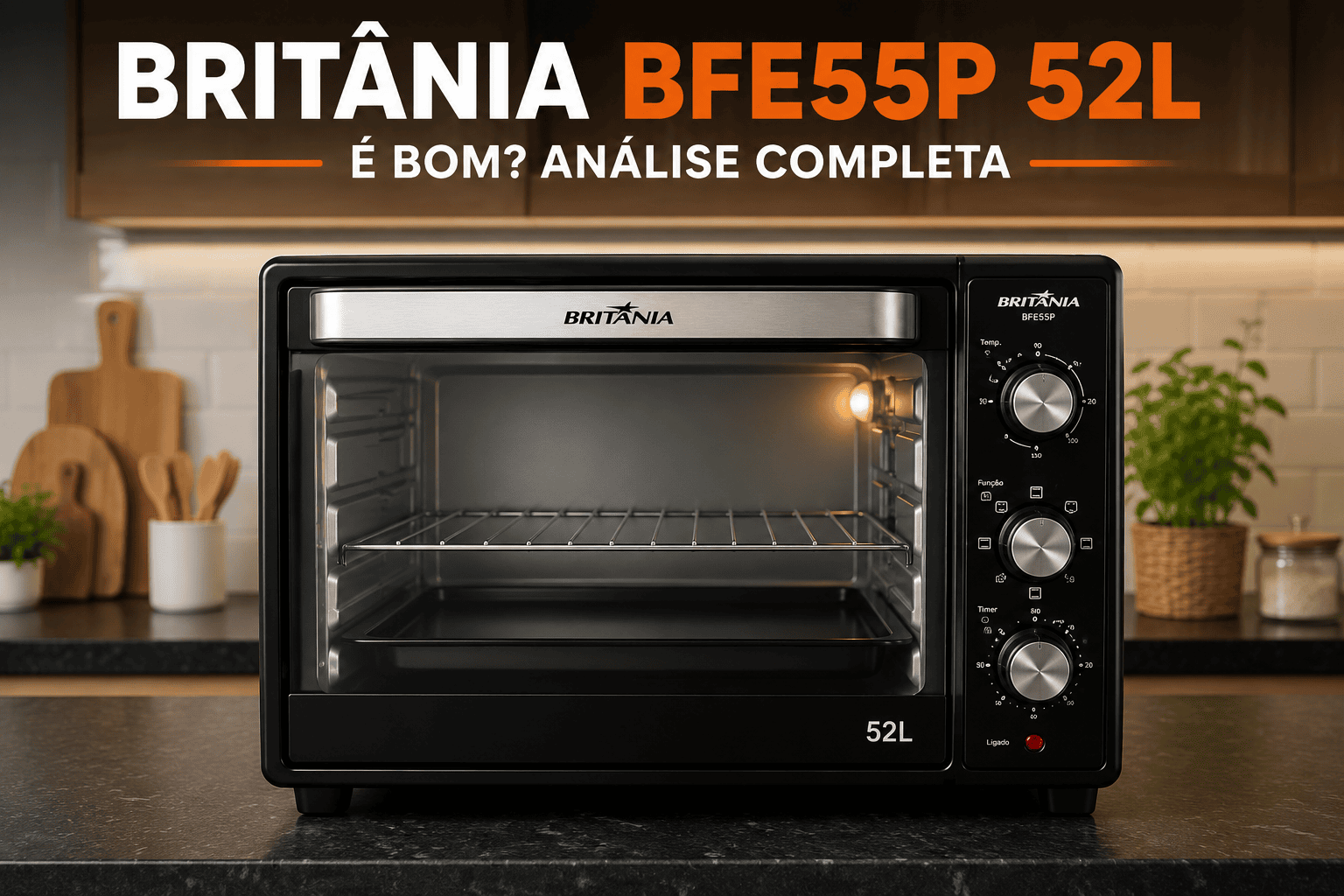 Forno elétrico Britânia BFE55P 52 litros preto sobre bancada de cozinha