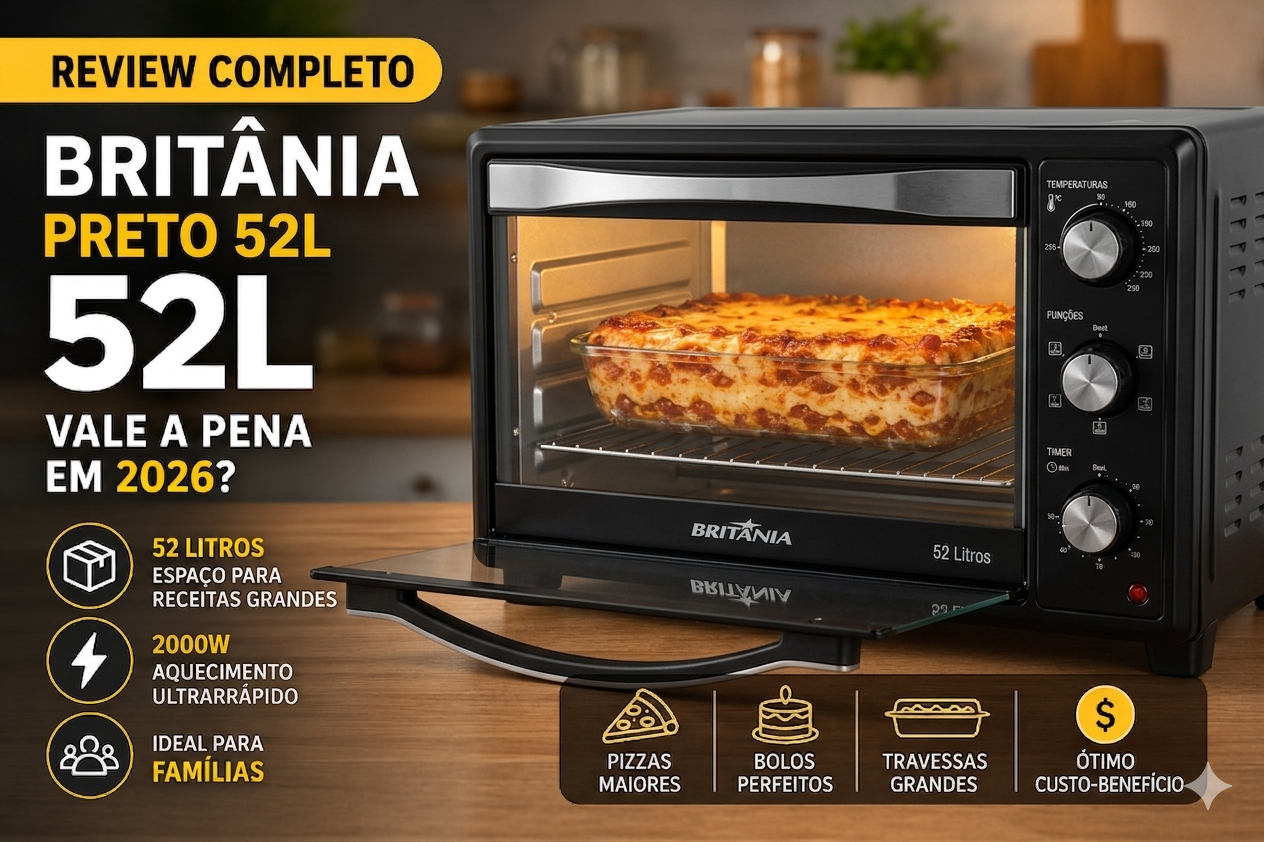 Forno eletrico Britania BFE55P de 52 litros preto sobre a bancada da cozinha.