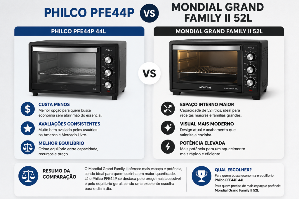 Melhores Fornos Elétricos Até 600 Reais em 2026: Philco PFE44P vs Mondial Grand Family II 52L