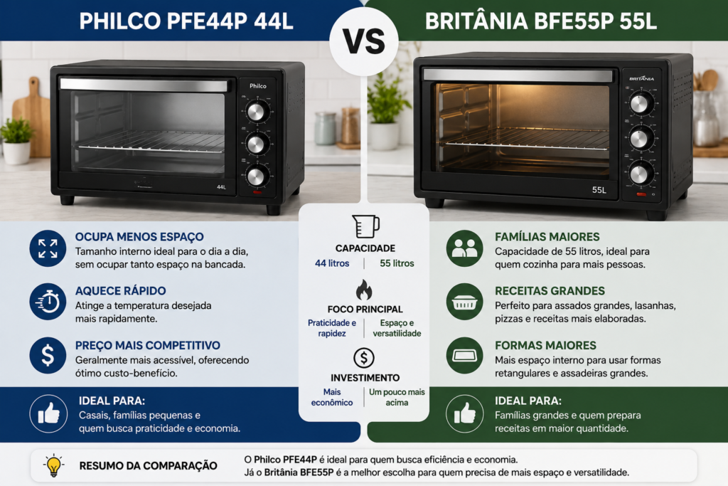 Melhores Fornos Elétricos Até 600 Reais em 2026: Philco PFE44P vs Britânia BFE55P
