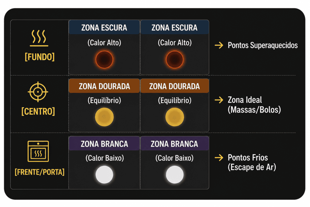 Esquema gráfico demonstrando o resultado visual do teste do papel toalha com a divisão das zonas de calor na cavidade de um forno doméstico.