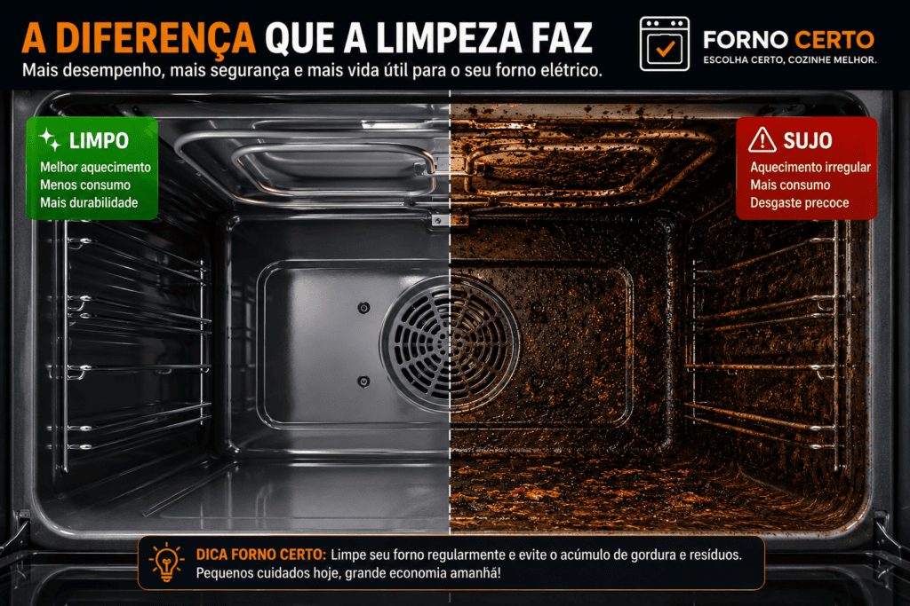 Os 10 Erros Que Diminuem a Vida Útil do Forno Elétrico: Comparação entre interior limpo e interior com gordura acumulada sobre a resistência de um forno elétrico.
