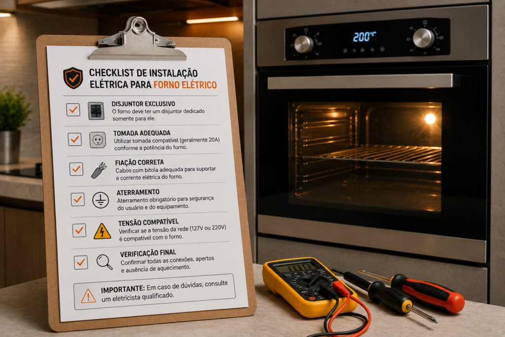 Lista de verificação para instalação elétrica segura de forno doméstico.