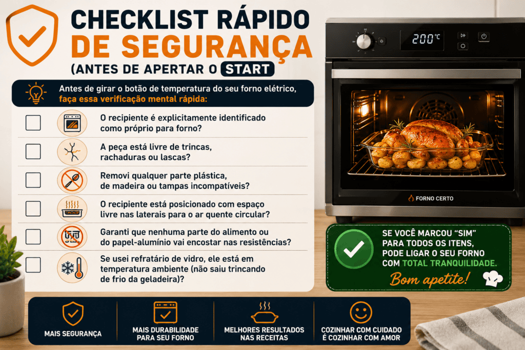 Checklist Rápido de Segurança sobre O Que Pode e o Que Não Pode Colocar no Forno Elétrico (Antes de Apertar o Start)