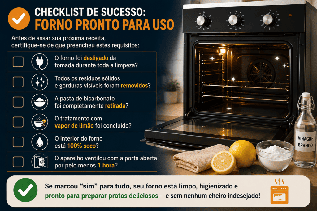 Checklist ilustrado mostrando as etapas de como tirar cheiro de queimado do forno elétrico, para deixar ele limpo, seco e livre de cheiro de queimado antes do próximo uso, ao lado de um forno aberto e higienizado.