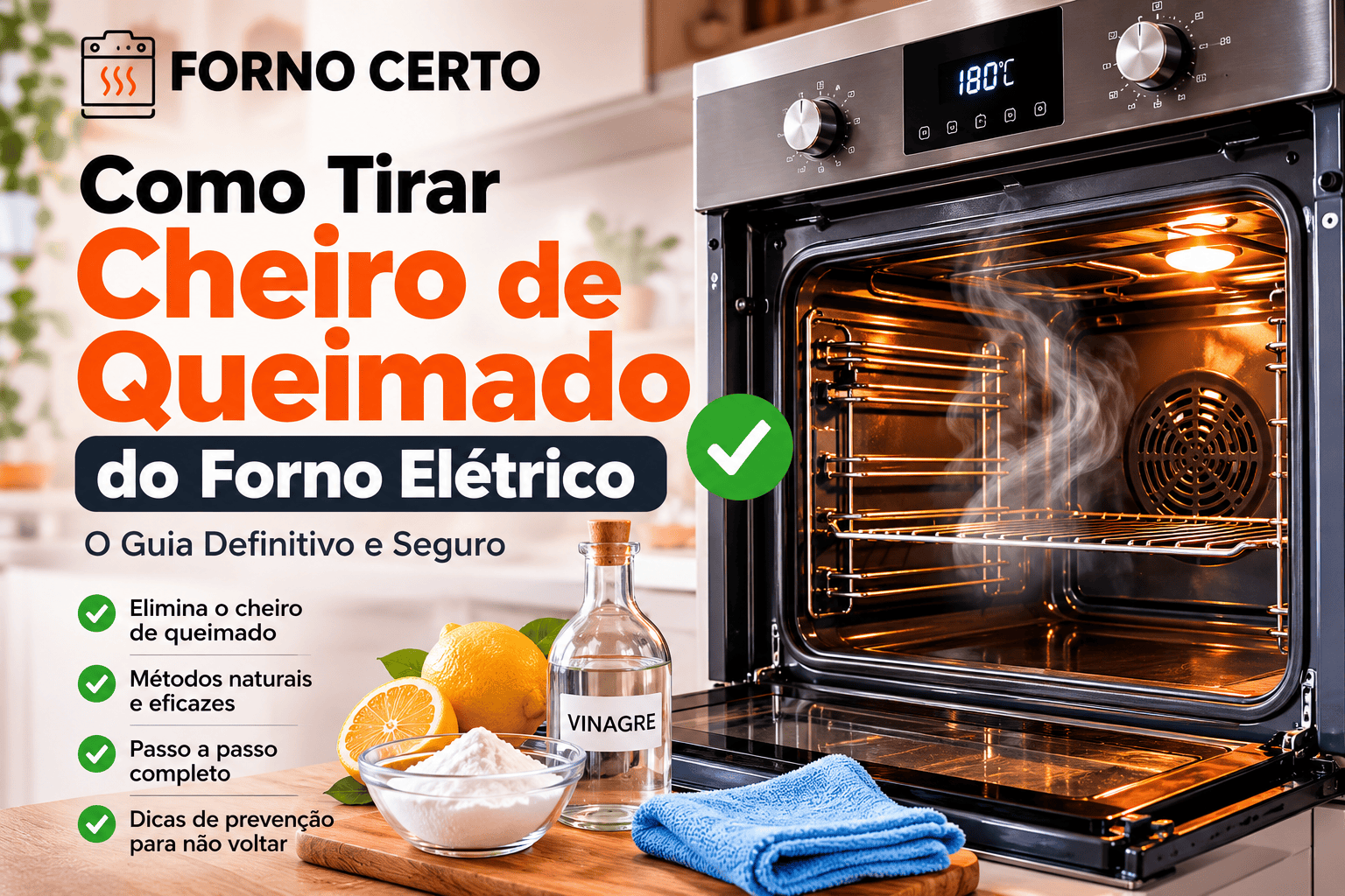 Pessoa limpando o interior de um forno elétrico para eliminar cheiro de queimado com pano macio e produtos de limpeza seguros.