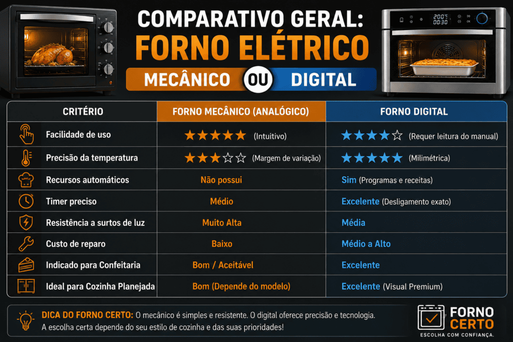 Comparativo Geral: Forno elétrico mecânico ou digital, apresentando as características positivas e negativas de cada modelo.