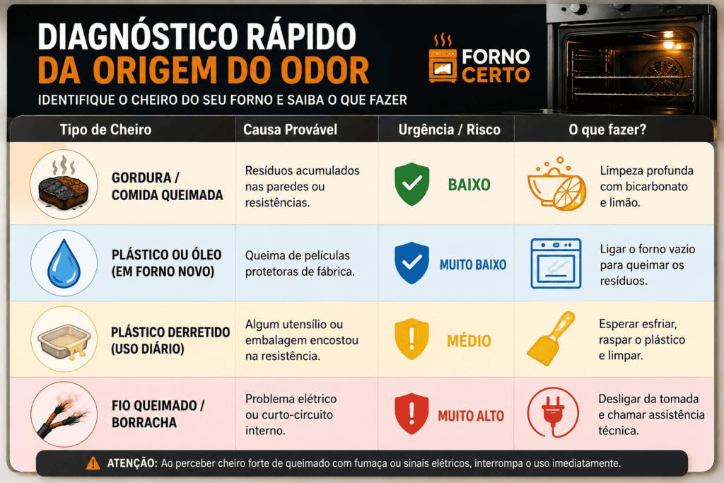 Como tirar cheiro de queimado do forno elétrico: infográfico com diagnóstico rápido da origem do cheiro de queimado no forno elétrico, mostrando causas, nível de risco e a ação recomendada para cada tipo de odor.