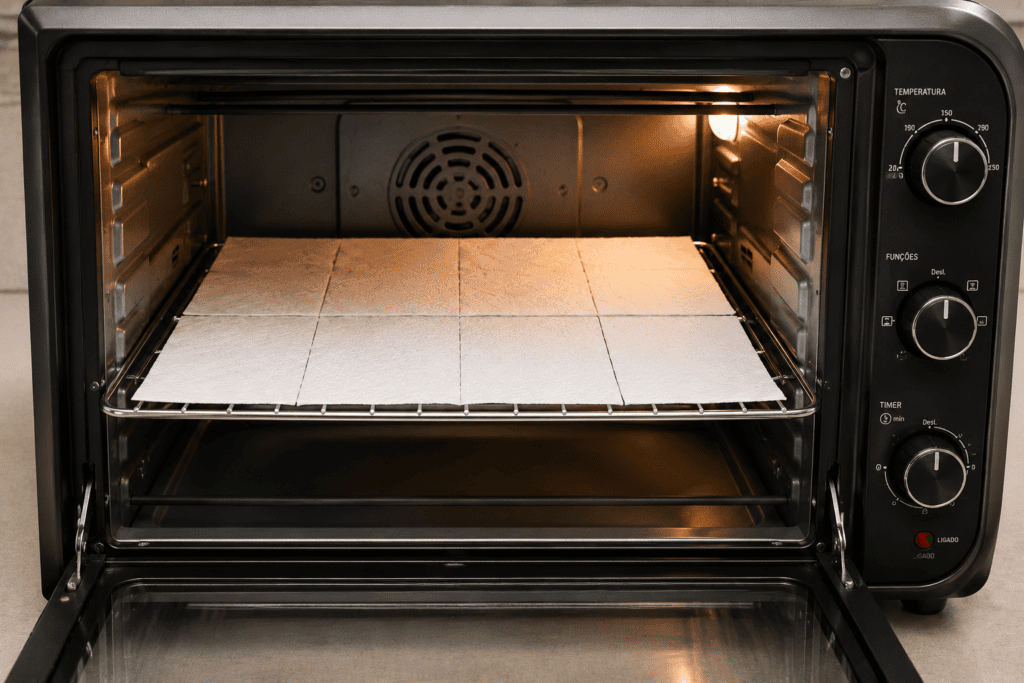 Teste do Papel Toalha: Grades centrais de um forno doméstico totalmente forradas com folhas limpas de papel absorvente para o início do mapeamento térmico residencial.