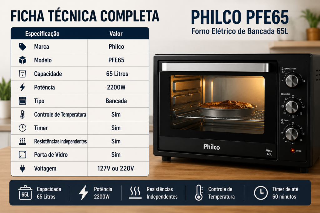 Ficha Técnica Completa do Forno Elétrico Philco PFE65 65L