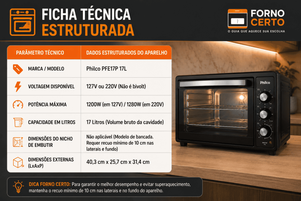 Ficha Técnica Estruturada do Mini Forno Elétrico Philco PFE17P 17L 