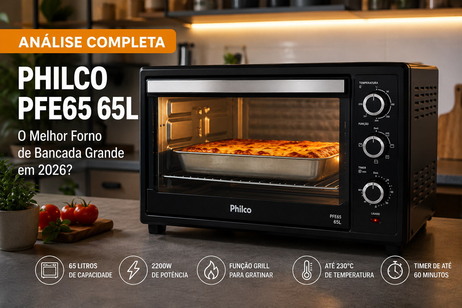 Forno Elétrico Philco PFE65 65L de bancada com capacidade de 65 litros funcionando em cozinha residencial moderna.