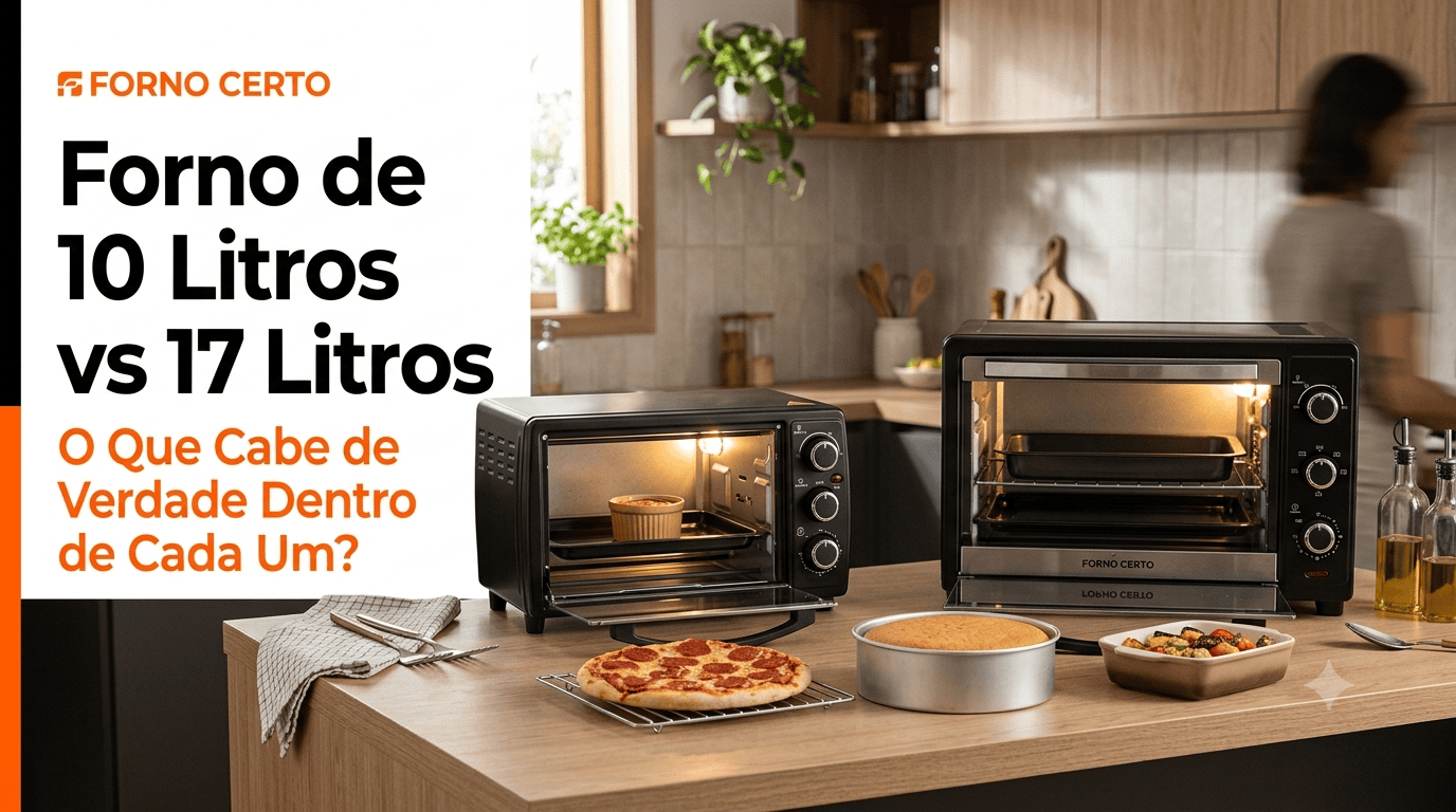 Comparativo visual entre forno de 10 litros e forno de 17 litros na bancada da cozinha - Forno Certo