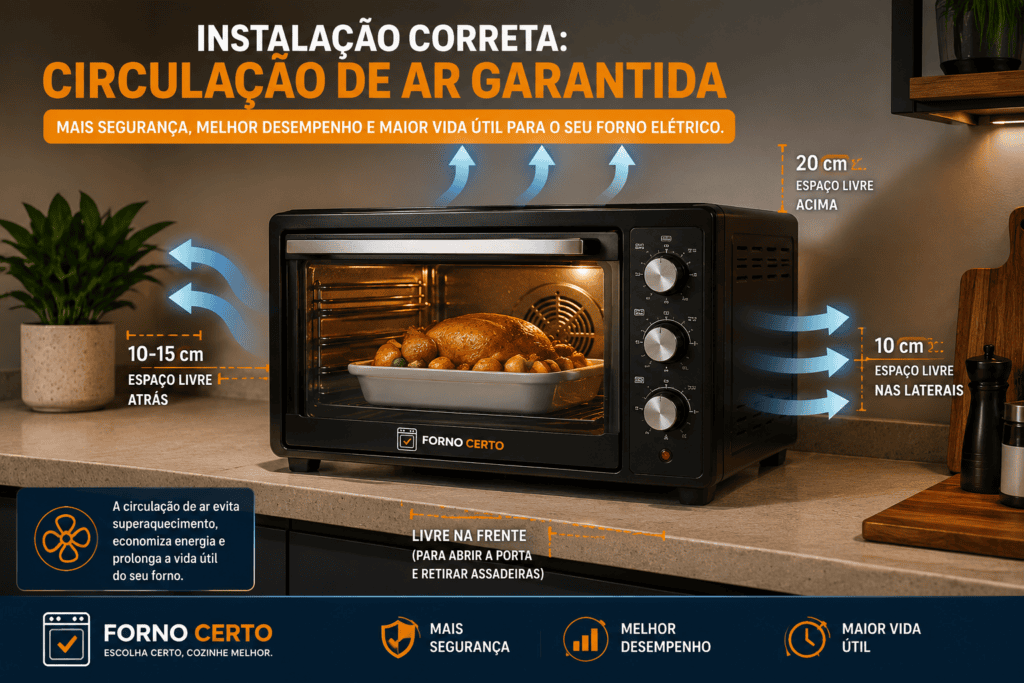 Forno elétrico de bancada instalado com distância adequada das paredes, permitindo ventilação ao redor do aparelho.