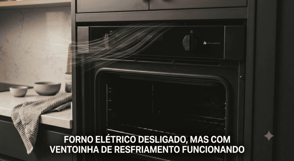 Forno elétrico realizando o ciclo automático de resfriamento após o término do preparo.
