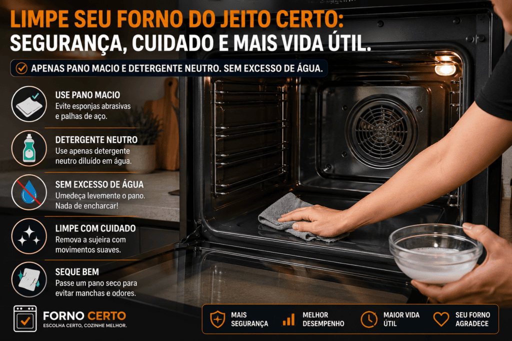Limpeza interna de forno elétrico com pano macio e detergente neutro após o resfriamento do equipamento. Evite Erros Que Diminuem a Vida Útil do Forno Elétrico.