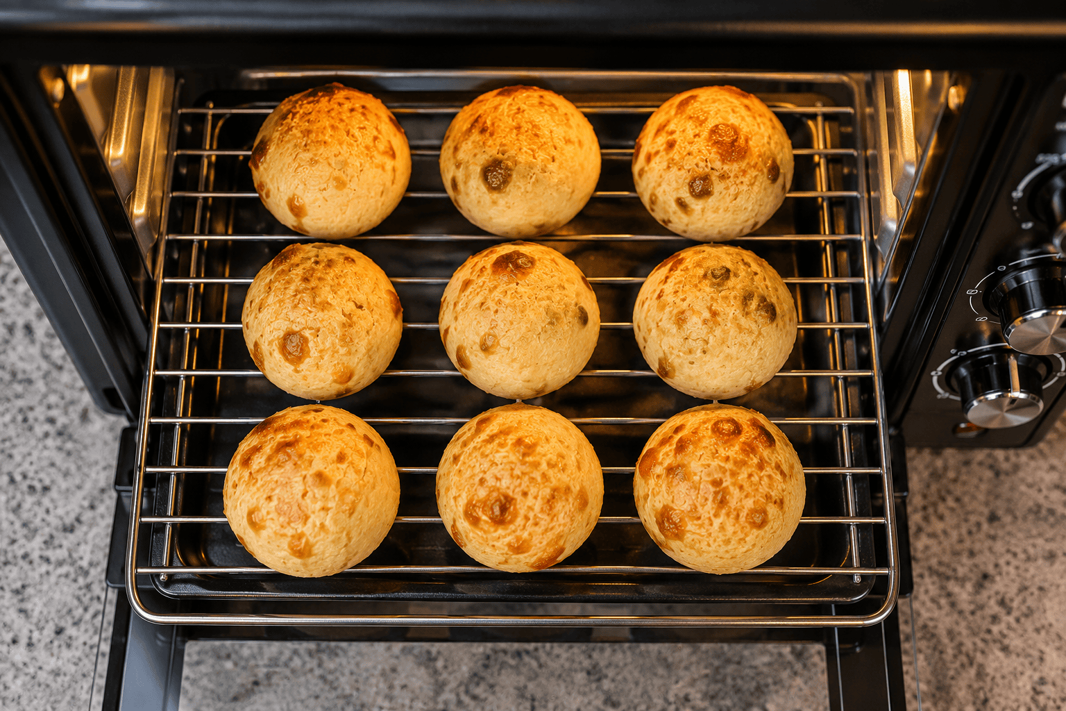 Mini Forno Elétrico Philco PFE17P 17L: Visão superior de pães de queijo assados dispostos sobre a grelha de metal de um forno elétrico compacto.