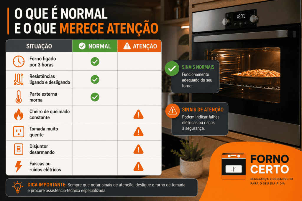 Tabela demonstrando O Que É Normal e o Que Merece Atenção se o forno elétrico ficar ligado