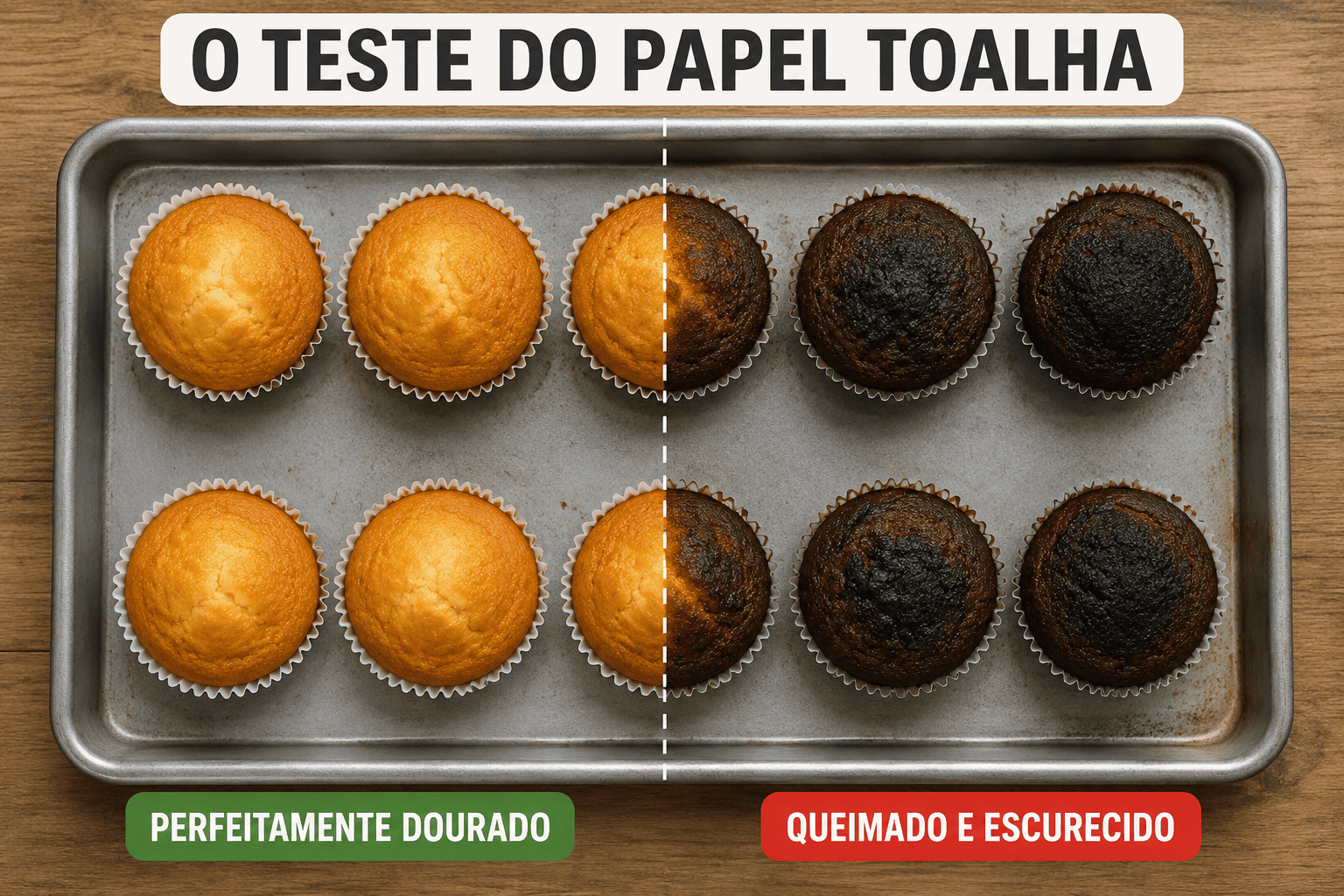 Teste do Papel Toalha: Visão superior de uma assadeira com bolos pequenos demonstrando assamento desigual provocado pela má distribuição de calor na cavidade interna do eletrodoméstico.